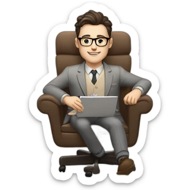 Pale skinned Fit Man With dark brown hair in gray jacket, beige office shirt and vintage glasses sitting In a soft chair with a notebook with emblem Ψ and a pen in his hands sticker