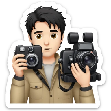 a white man with black messy hair holding a foto camera sticker