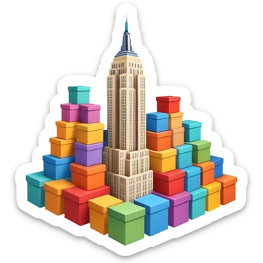 Empire State Building with boxes stacked in creative patterns, some boxes flying, lively sticker