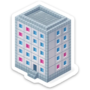 Russian panel apartment building, square block, light gray, alternating pink and white windows, isometric view sticker
