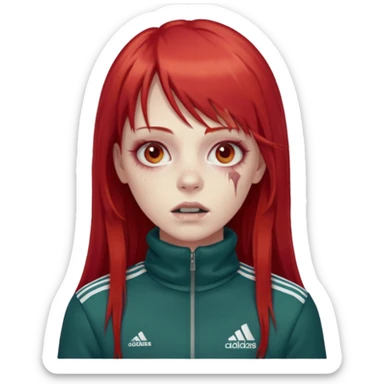 Crie um emoji de uma menina zumbi  com o cabelo vermelho longo com uma franja reta casaco de gola alta da adidas sticker