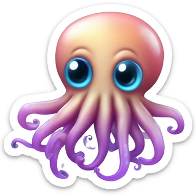 A floating squid in blue gradient with happy eyes, a violet tint on te end of the tenacles, and black background with bubbles floating around sticker