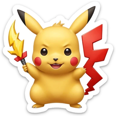 Pikachu inspired by Pokemon, cute and expressive, yellow with red cheeks, simple and bold design, holding a lightning bolt sticker