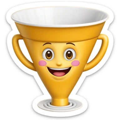 Crazy laughing emoji on upside-down kitchen funnel on its head (not a hat), wide smile, big eyes, cartoon emoji style, bright colors. sticker