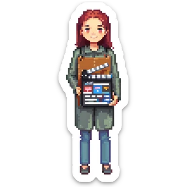 a content creator holding a clapperboard, pixel art style sticker
