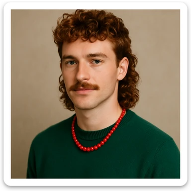 good-looking man with curly red mullet, mustache, green sweater, red necklace, modern and appealing sticker