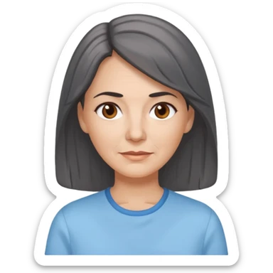 vit medelålders kvinna med grå slingor i långt mörkbrunt hår bruna ögon ljusblå skjorta  sticker