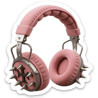 Isolate and keep only the realistic pink gothic headphones with velvet ear cups, silver spikes, and subtle cross motifs in a photorealistic style with no background. sticker