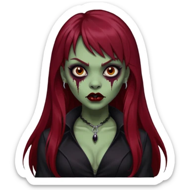 vampira gótica parda zumbi de cabelo longo e vermelho extremamente escuro e franja e roupa com decote e batom preto sticker