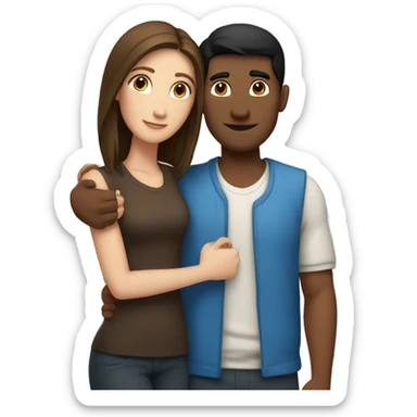 Couple with arms around each other; white woman with blue eyes and brown hair, Indian man with black hair  sticker