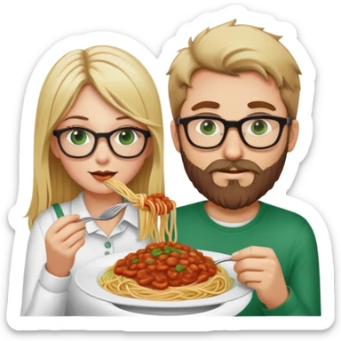 Blonde Caucasian girl with green eyes, no glasses eating spaghetti with Caucasian man with brown hair and beard wearing glasses sticker