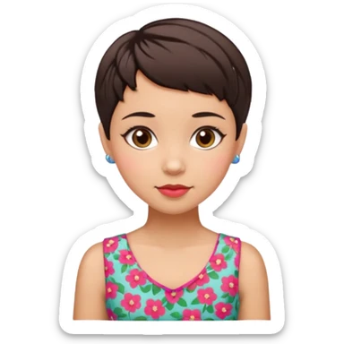 woman pixie cut dark brown hair with barrettes, hispanic, brown oval eyes, heart shaped face sticker