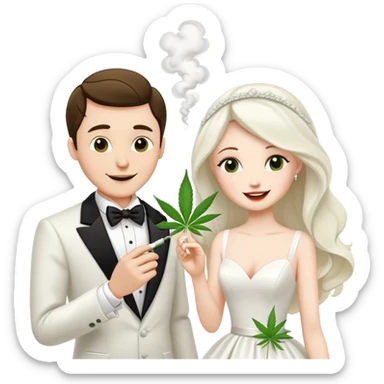 Bride in white dress and groom in tuxedo sharing a cannabis joint, cheerful cartoon wedding couple sticker