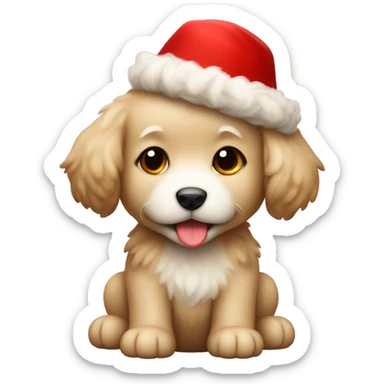 Beige fluffy puppy with a red hat sticker