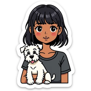 Black girl with short bangs holding a white schnauzer dog sticker