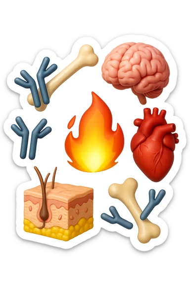 EMOJI STILE IPHONE 3D DI cervello, ossa, cuore, porzione di epidermide e cellule di anticorpi che girano in tondo, al centro di questi elementi c'è una fiamma 3d  FALLO MOLTO REALISTICO IN 3D sticker