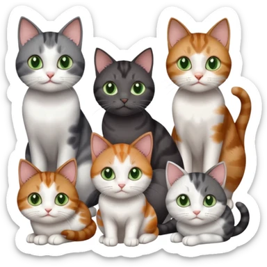 4 different coloured small cats including a dark grey and white, and a patchy calico, and a brown tabby and white,  and a completely solid dark grey with green eyes and only white paws sticker