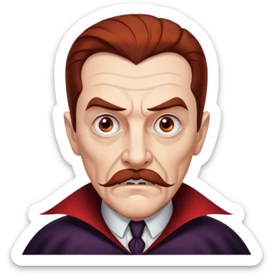 An elderly man with slicked-back reddish-brown hair, sharp brown eyes under heavy brows, and a white mustache, giving him a stern, Dracula-like appearance. sticker
