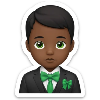 baby boy black hair in suit, with green bow sticker