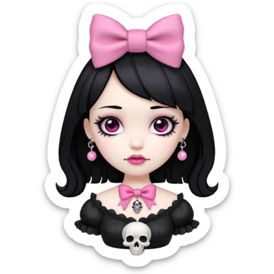 gothic girl with pink bow and skull charm, gothic style, vinyl figure, dramatic details sticker