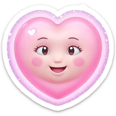 Cinematic floating soft heart, chubby round edges, pastel pink glow, tiny smiling face, surrounded by dreamy sparkles, gentle and loving. sticker