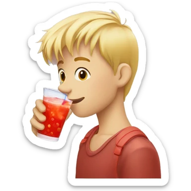 A blonde boy sucking juice with a straw while his hand is holding the drink, profile view sticker