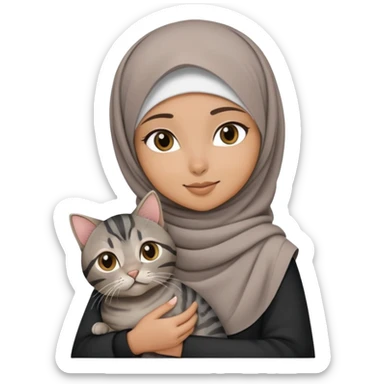 Hijab girl holding a black grey tabby cat sticker