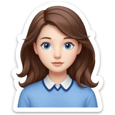 Realistic Student Portrait, with porcelain-like skin featuring a natural rosy flush, illuminated by soft lighting that highlights the gentle contours of her face. Her Brunette hair flows in soft, Her deep blue eyes radiate warmth and innocence,  wear light blue preppy style. sticker