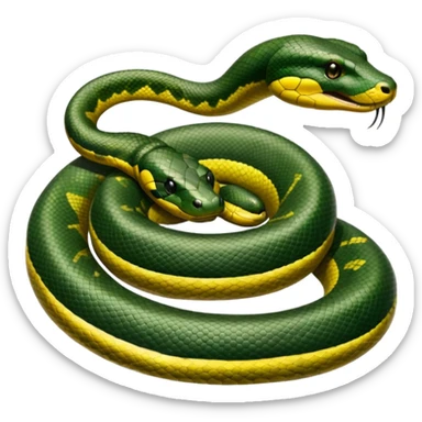 A photo-realistic top-down view of a Green Anaconda tightly coiled in a spiral, with its broad, flat head resting at the center. Its thick, muscular body is olive-green and covered in symmetrical, bold black oval spots that stand out against its smooth scales, creating striking natural camouflage. sticker