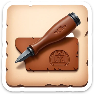 Leatherworking icon, piece of raw leather with started engraving, engraving tool or chisel, stamp or press, textured surface, minimalistic style, clean lines, transparent background. sticker