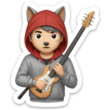Wolf Cut boy wearing hoodie with a katana on his back and a guitar behind him sticker