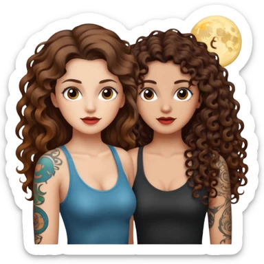 moon color change — long wavy brown hair tattooed woman and short tight curly brown hair woman — alarmed sticker