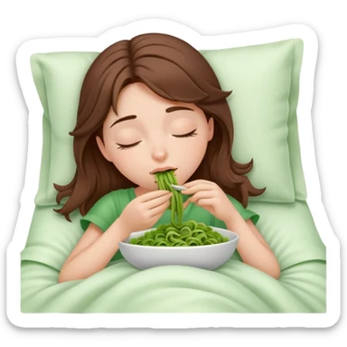 Brown haired girl eating green pasta asleep in white bed sticker