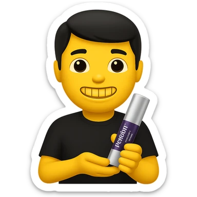 Edit the image in a Genmoji emoji style. Make her teeth yellow. Ensure she is holding only the attached purple and silver spray can, with nothing else in her hands. Keep her black hair and black t-shirt as is. sticker