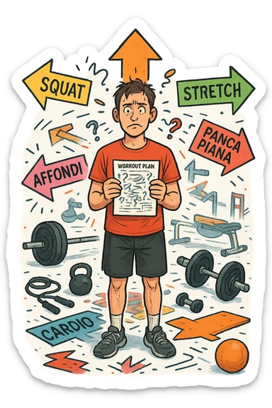 a person stands in the center of a gym, surrounded by arrows pointing in all directions, each labeled with a different exercise (e.g., “squat,” “Salti,” “stretch,” “Panca Piana”). The person looks bewildered, holding a workout plan with scribbles and question marks. The scene is colorful but visually messy, symbolizing confusion. in italiano immagine iperrealistica sticker