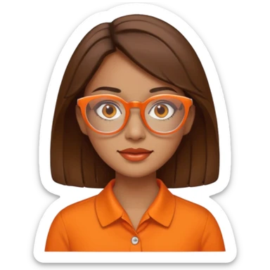 hispanic woman with  brown hair,  orange sectacles and orange blouse  with a collar sticker