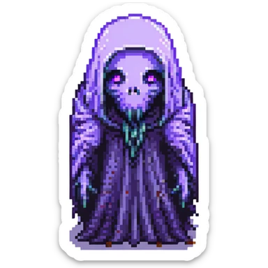 a creepy tall black ghost, hair draped over shiny purple eyes, pixel art style sticker