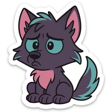 cute wolf pup with dark purple fur, neon mauve and neon teal highlights, pouting, comic style sticker