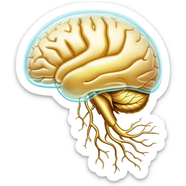 Pearlescent capsule floating between a translucent glowing brain and a translucent liver. Golden waves of connection emanate from the brain, representing improved memory, clarity and neural communication. The entire scene has an ethereal glow showing the beneficial properties of choline. sticker