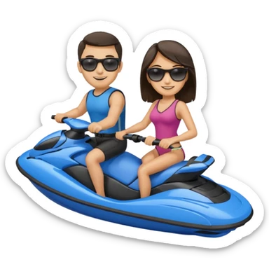 Light tan male dark hair & light tan female dark hair on a blue jet ski sticker
