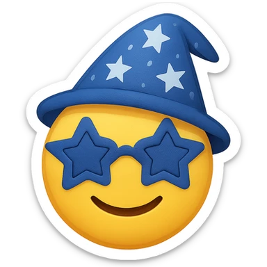 yellow face with blue wizard glasses, digital illustration, emoji style sticker