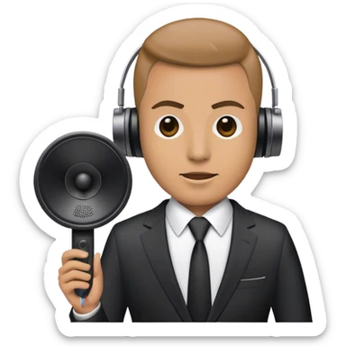 A man with a suit with a speaker as a head sticker