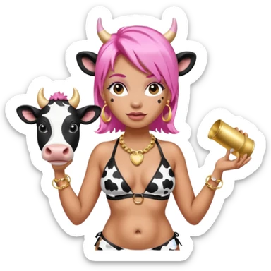 fat tan pink hair nicki minaj hucow with cow ears woman with inflated belly in black and white cow print bikini with gold hoop earrings and cow bell collar sticker