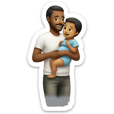 Pregnant man holding his toddler on his arms while his toddler plays with dads pregnant belly sticker