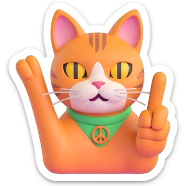 cute and trendy emote of a cat face with a human body, making a peace sign, clear background sticker