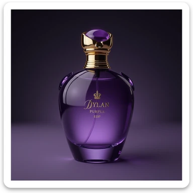 realistic purple perfume bottle with gold trim, inspired by 'Dylan Purple EDP', exuding luxury and sophistication sticker