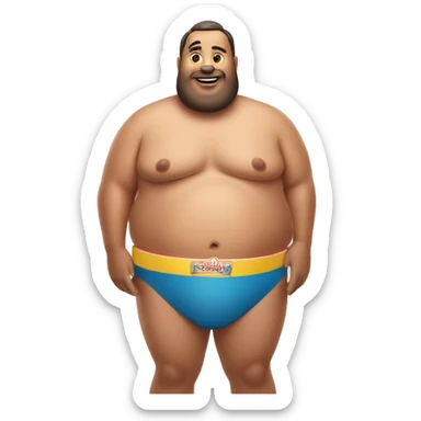 Fat man wearing a speedo while holding fully loaded hotdogs sticker