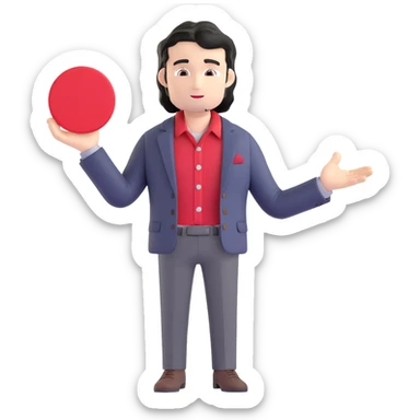Business strategist with black wavy hair, stubble, chiseled face, wearing blazer and button-up shirt, giving an inspirational TED-style talk about innovation on a minimalist stage with red circle, dynamic speaking pose sticker