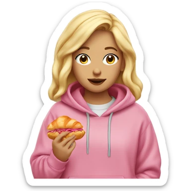 A blonde girl wearing an oversized pink hoodie is eating a croissant. sticker