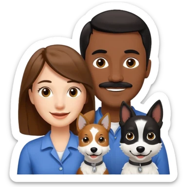 Quiero a una mujer blanca  con el pelo por el hombro lacio castaño  con un hombre de color morochito con el pelo negro y bigote, ambos felices  y un solo perro blanco Fox terrier  sticker